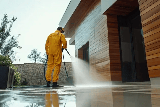 Cleaning the exterior of a house with a pressure washer.