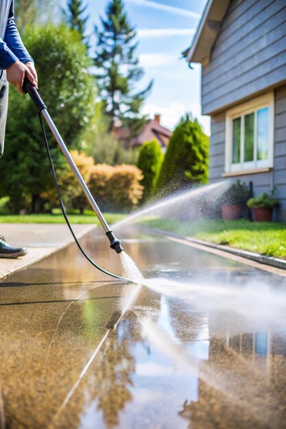 Power washing a driveway to remove dirt and grime.